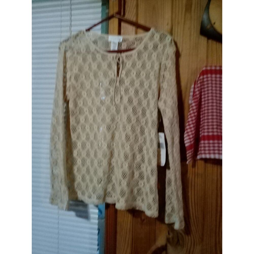 Jones New York Sport Women's Ivory L Macrame Long Sleeve Blouse